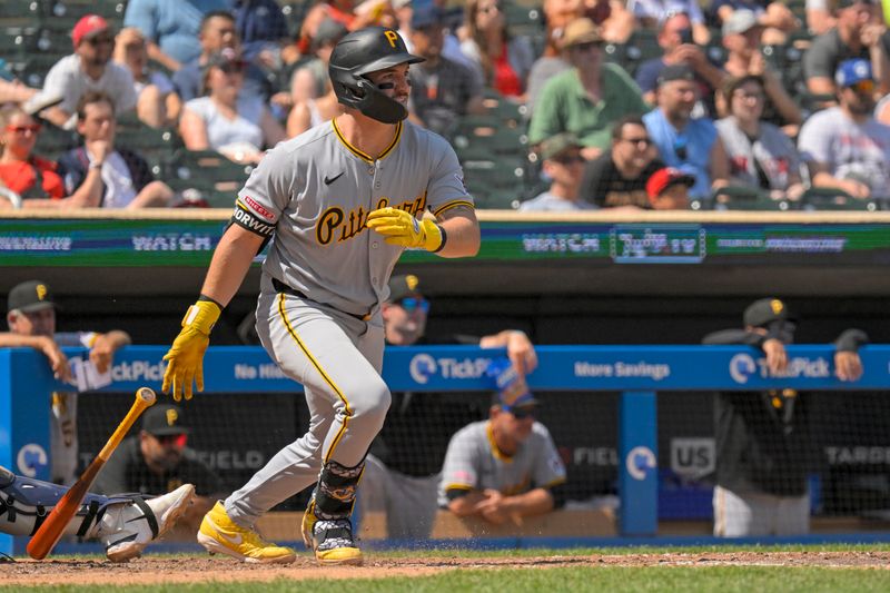 Jul 13, 2025; Minneapolis, Minnesota, USA; Pittsburgh Pirates infielder Spencer Horwitz (2) drives in the winning run against the Minnesota Twins on a fielder’s choice during the ninth inning at Target Field. Mandatory Credit: Nick Wosika-Imagn Images