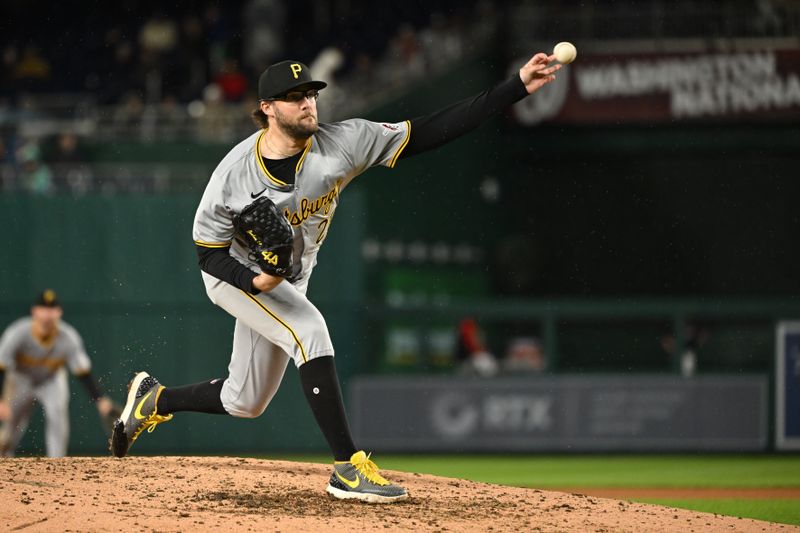 Apr 3, 2024; Washington, District of Columbia, USA; Pittsburgh Pirates relief pitcher Josh Fleming (28) pitches against the Washington Nationals during the eighth inning at Nationals Park. Mandatory Credit: Rafael Suanes-USA TODAY Sports