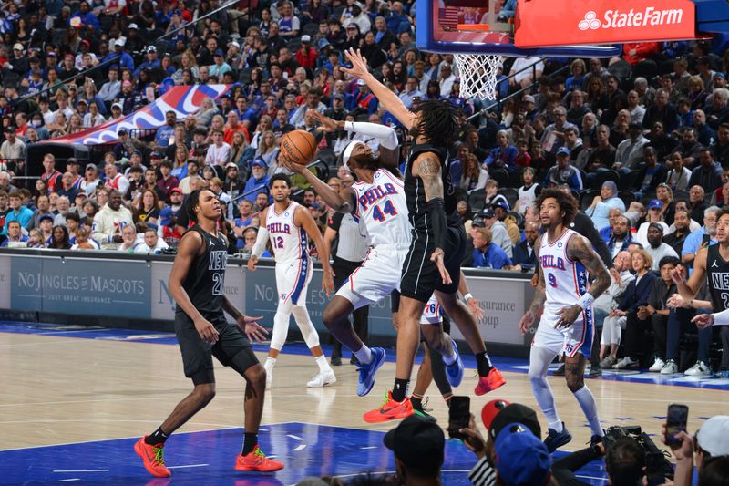 PHILADELPHIA, PA - APRIL 14: Paul Reed #44 of the Philadelphia 76ers drives to the basket during the game against the Brooklyn Nets on April 14, 2024 at the Wells Fargo Center in Philadelphia, Pennsylvania NOTE TO USER: User expressly acknowledges and agrees that, by downloading and/or using this Photograph, user is consenting to the terms and conditions of the Getty Images License Agreement. Mandatory Copyright Notice: Copyright 2024 NBAE (Photo by Jesse D. Garrabrant/NBAE via Getty Images)