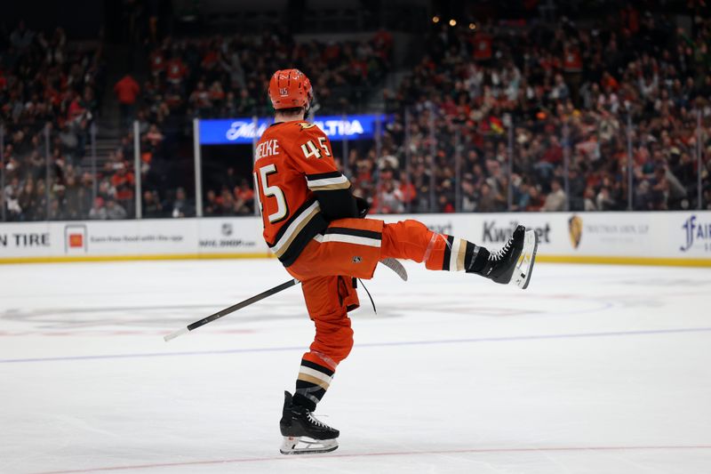 Jan 2, 2026; Anaheim, California, USA;  Anaheim Ducks right wing Beckett Sennecke (45) celebrates after scoring a goal during the second period against the Minnesota Wild at Honda Center. Mandatory Credit: Kiyoshi Mio-Imagn Images