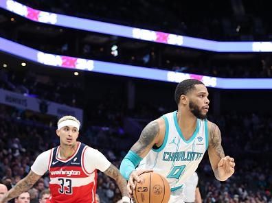 CHARLOTTE, NC - NOVEMBER 22: Miles Bridges #0 of the Charlotte Hornets drives to the basket during the game against the Washington Wizards on November 22, 2023 at Spectrum Center in Charlotte, North Carolina. NOTE TO USER: User expressly acknowledges and agrees that, by downloading and or using this photograph, User is consenting to the terms and conditions of the Getty Images License Agreement.  Mandatory Copyright Notice:  Copyright 2023 NBAE (Photo by Brock Williams-Smith/NBAE via Getty Images)