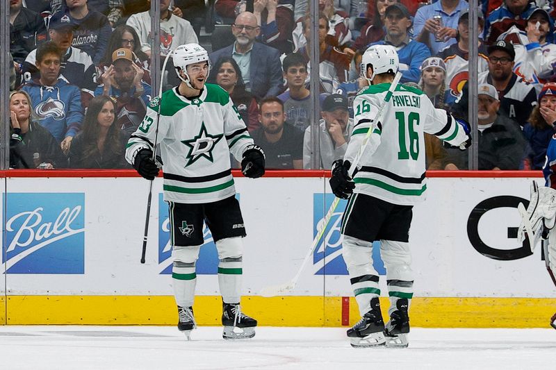 May 13, 2024; Denver, Colorado, USA; Dallas Stars center Wyatt Johnston (53) celebrates his goal with center Joe Pavelski (16) in the second period against the Colorado Avalanche in game four of the second round of the 2024 Stanley Cup Playoffs at Ball Arena. Mandatory Credit: Isaiah J. Downing-USA TODAY Sports