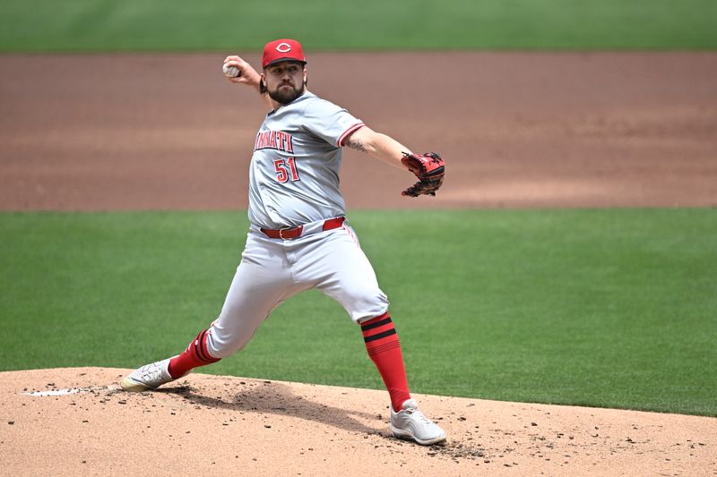 May 1, 2024; San Diego, California, USA; Cincinnati Reds starting pitcher Graham Ashcraft (51) throws a pitch against the San Diego Padres during the first inning at Petco Park. Mandatory Credit: Orlando Ramirez-USA TODAY Sports