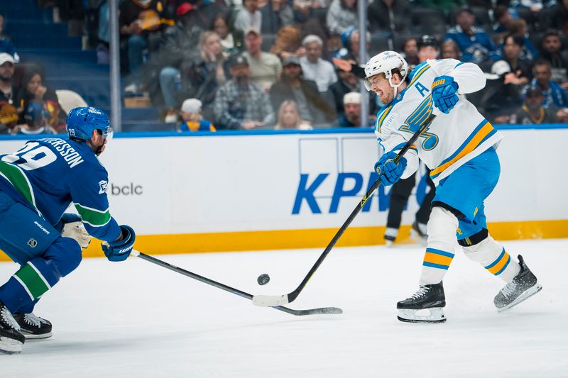 Oct 13, 2025; Vancouver, British Columbia, CAN; Vancouver Canucks defenseman Marcus Pettersson (29) stick checks St. Louis Blues forward Robert Thomas (18) in the third period at Rogers Arena. Mandatory Credit: Bob Frid-Imagn Images