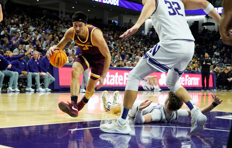 kMar 9, 2024; Evanston, Illinois, USA; Minnesota Golden Gophers forward Dawson Garcia (3) drives on Northwestern Wildcats forward Nick Martinelli (2) during the first half at Welsh-Ryan Arena. Mandatory Credit: David Banks-USA TODAY Sports