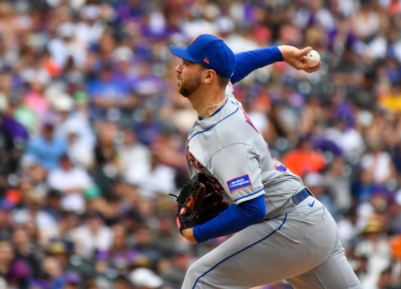 May 28, 2023; Denver, Colorado, USA; New York Mets starting pitcher Tylor Megill (38) delivers a pitch in the third inning against the Colorado Rockies at Coors Field. Mandatory Credit: John Leyba-USA TODAY Sports