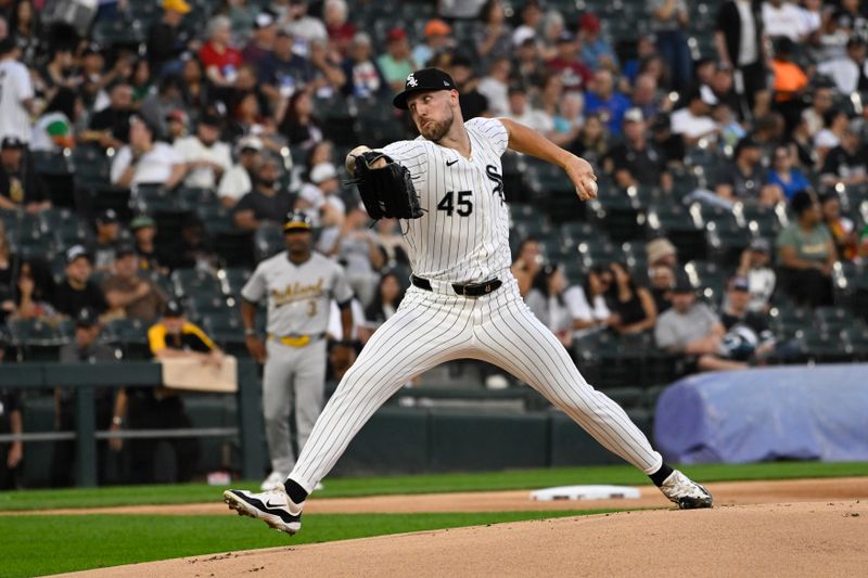 Sep 13, 2024; Chicago, Illinois, USA;  Chicago White Sox pitcher Garrett Crochet (45) delivers against the Oakland Athletics during the first inning at Guaranteed Rate Field. Mandatory Credit: Matt Marton-Imagn Images