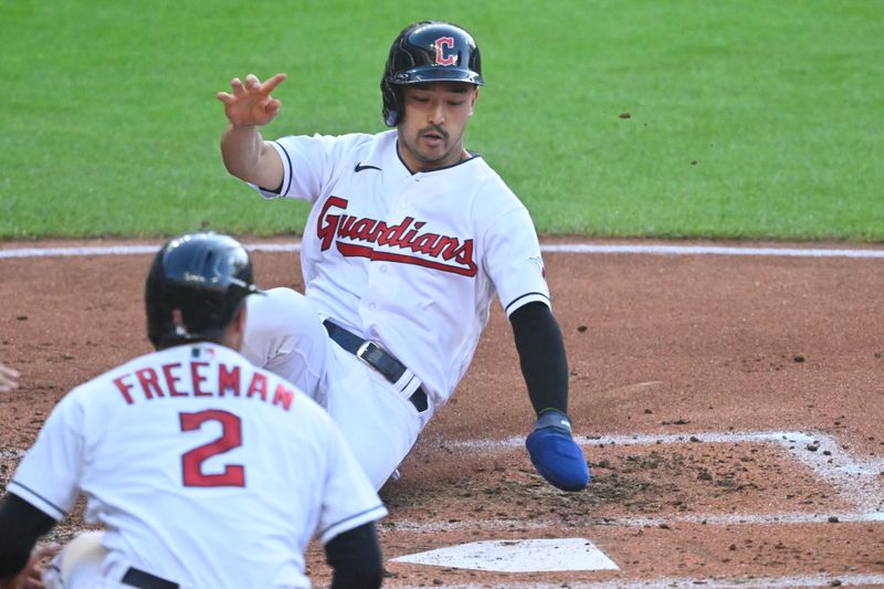 Jul 4, 2023; Cleveland, Ohio, USA; Cleveland Guardians left fielder Steven Kwan (38) scores in the third inning against the Atlanta Braves at Progressive Field. Mandatory Credit: David Richard-USA TODAY Sports