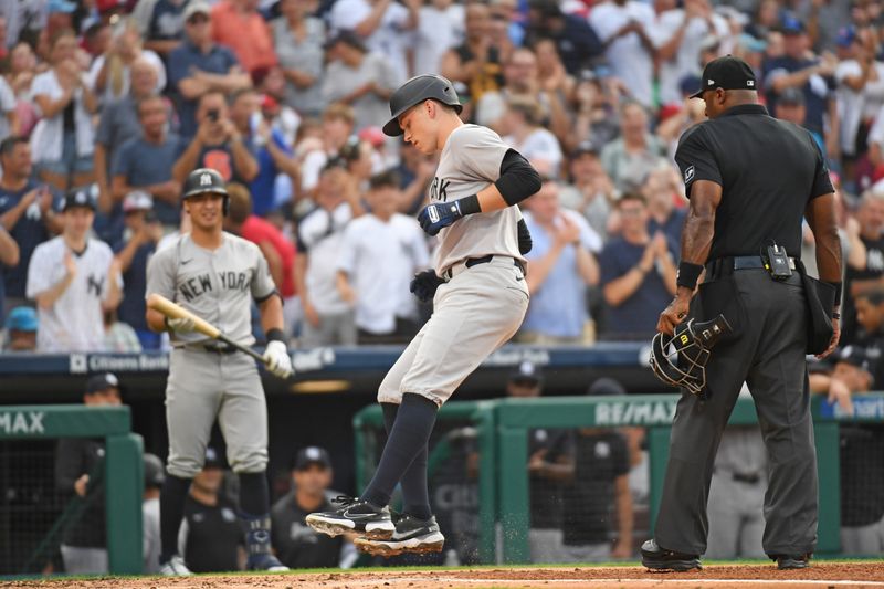 Jul 29, 2024; Philadelphia, Pennsylvania, USA; New York Yankees first base Ben Rice (93) steps on home after hitting a home run against the Philadelphia Phillies during the second inning at Citizens Bank Park. Mandatory Credit: Eric Hartline-USA TODAY Sports