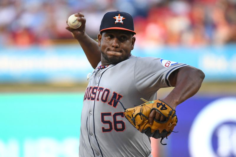 Aug 26, 2024; Philadelphia, Pennsylvania, USA; Houston Astros pitcher Ronel Blanco (56) throws a pitch during the first inning against the Philadelphia Phillies at Citizens Bank Park. Mandatory Credit: Eric Hartline-USA TODAY Sports