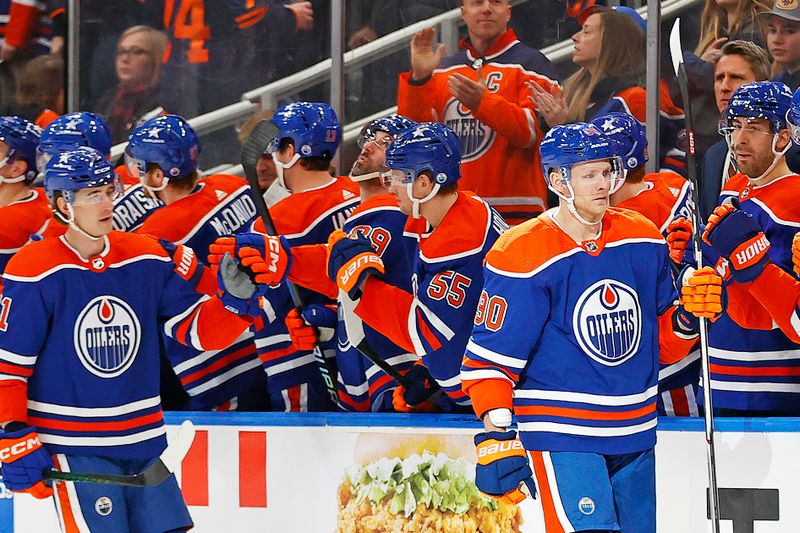 Mar 3, 2024; Edmonton, Alberta, CAN; The Edmonton Oilers celebrate a goal scored by forward Corey Perry (90) during the second period against the Pittsburgh Penguins at Rogers Place. Mandatory Credit: Perry Nelson-USA TODAY Sports