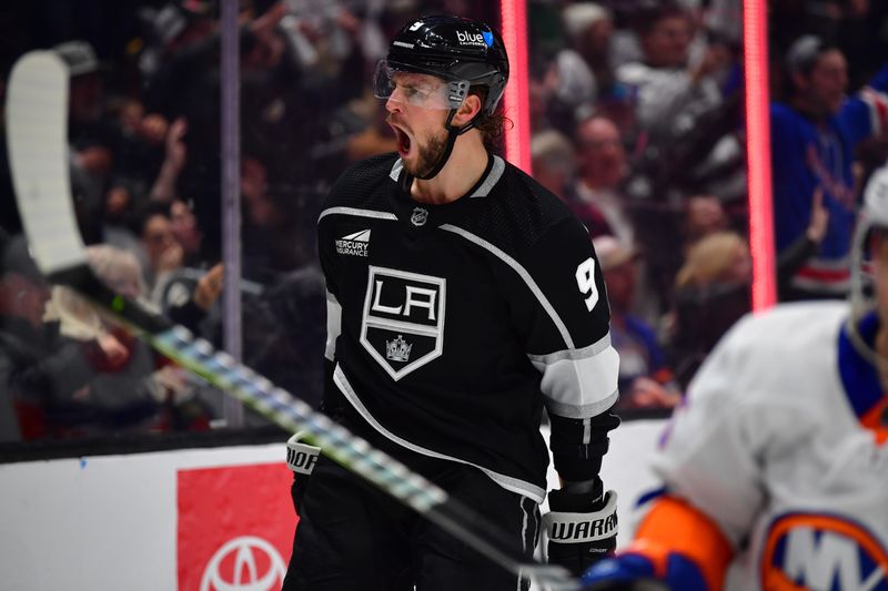 Mar 11, 2024; Los Angeles, California, USA;  Los Angeles Kings right wing Adrian Kempe (9) celebrates his goal scored against the against the New York Islanders during the second period at Crypto.com Arena. Mandatory Credit: Gary A. Vasquez-USA TODAY Sports