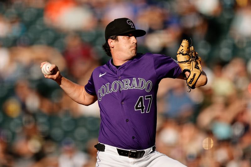 Jun 17, 2024; Denver, Colorado, USA; Colorado Rockies starting pitcher Cal Quantrill (47) pitches in the first inning against the Los Angeles Dodgers at Coors Field. Mandatory Credit: Isaiah J. Downing-USA TODAY Sports