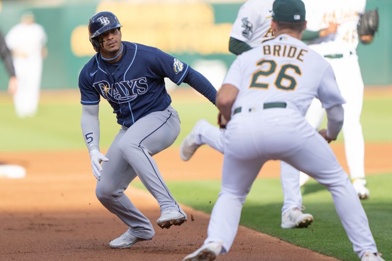 Jun 14, 2023; Oakland, California, USA;  Oakland Athletics third baseman Jonah Bride (26) stares down Tampa Bay Rays shortstop Wander Franco (5) during the first inning at Oakland-Alameda County Coliseum. Mandatory Credit: Stan Szeto-USA TODAY Sports