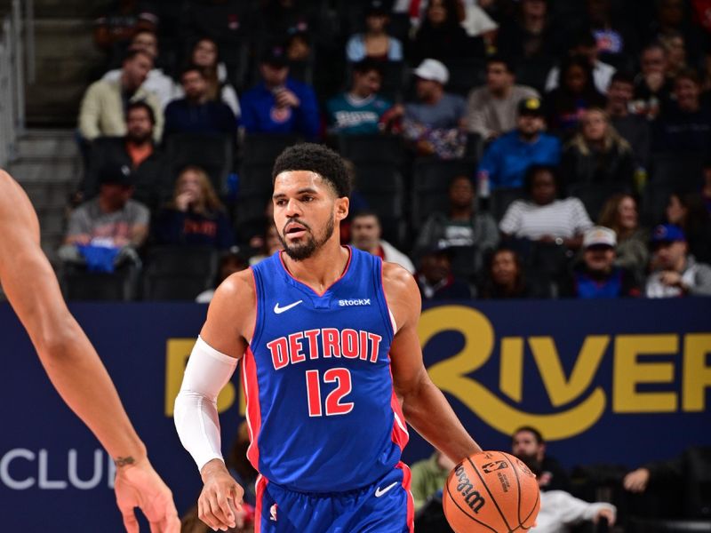 DETROIT, MI - NOVEMBER 8: Tobias Harris #12 of the Detroit Pistons dribbles the ball during the game against the Atlanta Hawks on November  8, 2024 at Little Caesars Arena in Detroit, Michigan. NOTE TO USER: User expressly acknowledges and agrees that, by downloading and/or using this photograph, User is consenting to the terms and conditions of the Getty Images License Agreement. Mandatory Copyright Notice: Copyright 2024 NBAE (Photo by Chris Schwegler/NBAE via Getty Images)