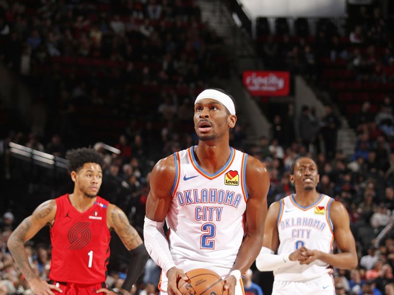 PORTLAND, OR - JANUARY 26: Shai Gilgeous-Alexander #2 of the Oklahoma City Thunder shoots a free throw during the game against the Portland Trail Blazers on January 26, 2025 at the Moda Center Arena in Portland, Oregon. NOTE TO USER: User expressly acknowledges and agrees that, by downloading and or using this photograph, user is consenting to the terms and conditions of the Getty Images License Agreement. Mandatory Copyright Notice: Copyright 2025 NBAE (Photo by Cameron Browne/NBAE via Getty Images)