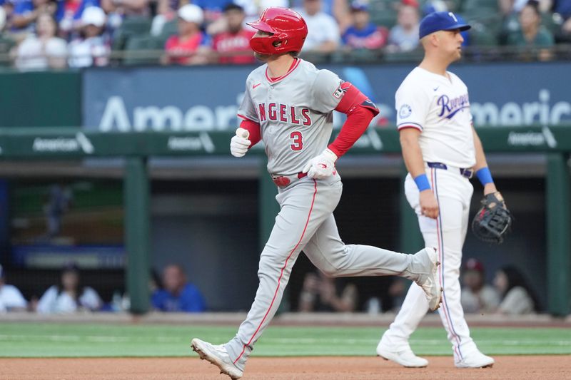 Sep 7, 2024; Arlington, Texas, USA; Los Angeles Angels left fielder Taylor Ward (3) circles the bases on his home run against the Texas Rangers during the first inning at Globe Life Field. Mandatory Credit: Jim Cowsert-Imagn Images