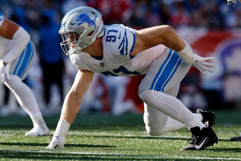 Detroit Lions defensive end Aidan Hutchinson (97) plays against the New England Patriots during the second half of an NFL football game, Sunday, Oct. 9, 2022, in Foxborough, Mass. (AP Photo/Michael Dwyer)