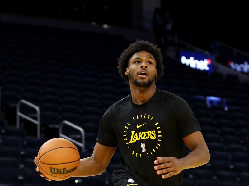 SAN FRANCISCO, CALIFORNIA - OCTOBER 18: Bronny James #9 of the Los Angeles Lakers warms up before their preseason game against the Golden State Warriors at Chase Center on October 18, 2024 in San Francisco, California.  NOTE TO USER: User expressly acknowledges and agrees that, by downloading and/or using this photograph, user is consenting to the terms and conditions of the Getty Images License Agreement.  (Photo by Ezra Shaw/Getty Images)