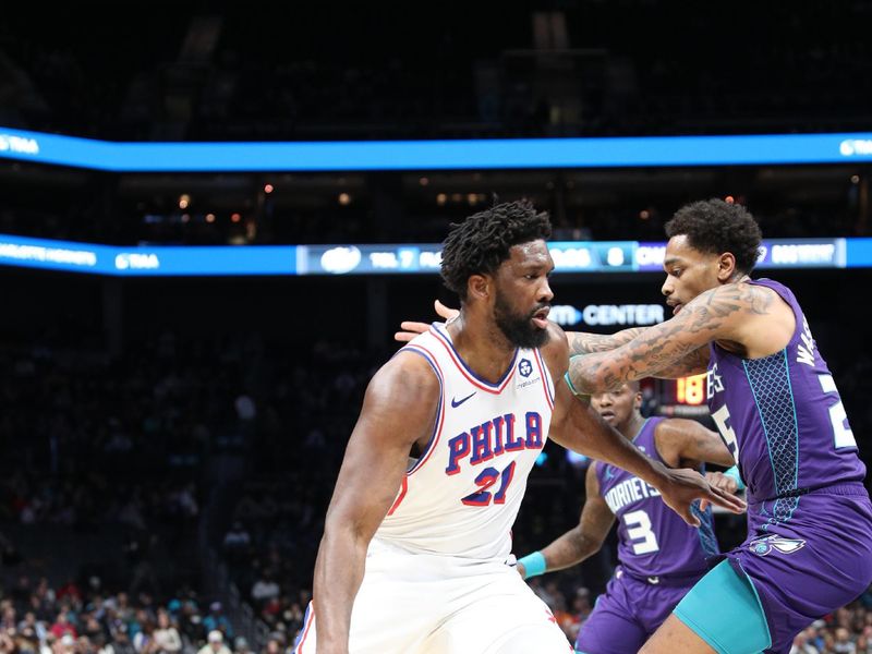 CHARLOTTE, NC - JANUARY 20:  Joel Embiid #21 of the Philadelphia 76ers goes to the basket during the game on January 20, 2024 at Spectrum Center in Charlotte, North Carolina. NOTE TO USER: User expressly acknowledges and agrees that, by downloading and or using this photograph, User is consenting to the terms and conditions of the Getty Images License Agreement.  Mandatory Copyright Notice:  Copyright 2024 NBAE (Photo by Brock Williams-Smith/NBAE via Getty Images)