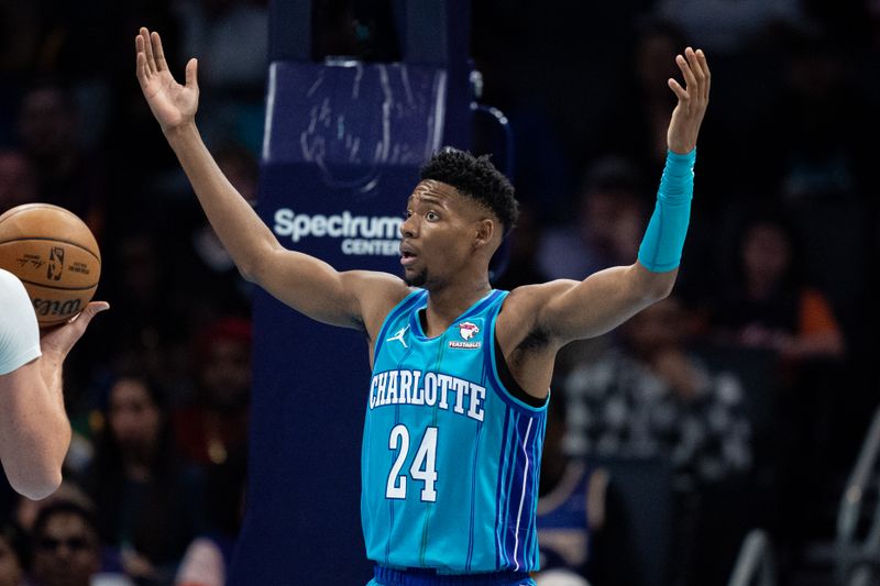 CHARLOTTE, NORTH CAROLINA - MARCH 15: Brandon Miller #24 of the Charlotte Hornets reacts in the first quarter during their game against the Phoenix Suns at Spectrum Center on March 15, 2024 in Charlotte, North Carolina. NOTE TO USER: User expressly acknowledges and agrees that, by downloading and or using this photograph, User is consenting to the terms and conditions of the Getty Images License Agreement. (Photo by Jacob Kupferman/Getty Images)