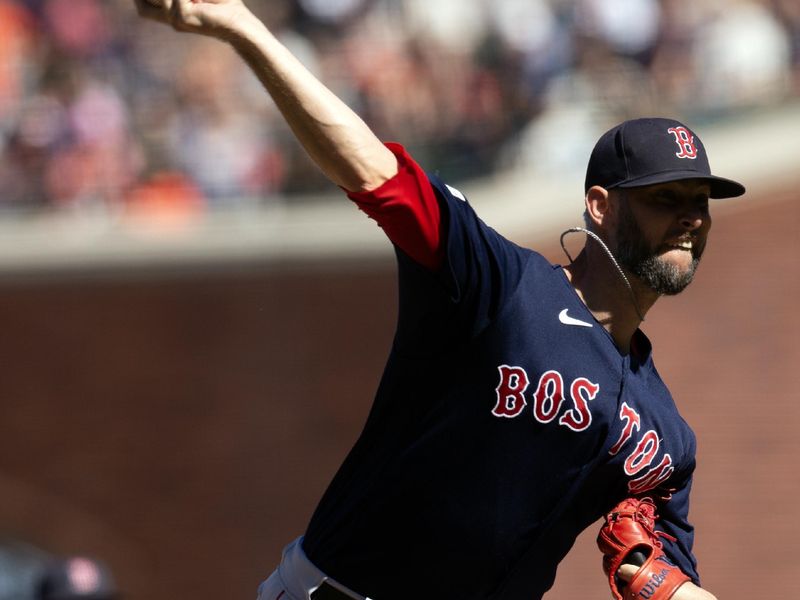 Jul 30, 2023; San Francisco, California, USA; Boston Red Sox pitcher Chris Martin (55) delivers a pitch against the San Francisco Giants during the 10th inning at Oracle Park. Mandatory Credit: D. Ross Cameron-USA TODAY Sports