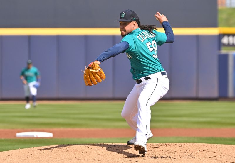 Feb 28, 2023; Peoria, Arizona, USA; Seattle Mariners starting pitcher Luis Castillo (58) throws to the plate during the first inning of a spring training game against the Cleveland Guardians at the Peoria Sports Complex. Mandatory Credit: Jayne Kamin-Oncea-USA TODAY Sports