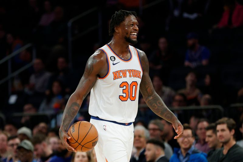 NEW YORK, NEW YORK - OCTOBER 04: Julius Randle #30 of the New York Knicks reacts during the second half against the Detroit Pistons at Madison Square Garden on October 04, 2022 in New York City. NOTE TO USER: User expressly acknowledges and agrees that, by downloading and or using this photograph, User is consenting to the terms and conditions of the Getty Images License Agreement. (Photo by Sarah Stier/Getty Images)