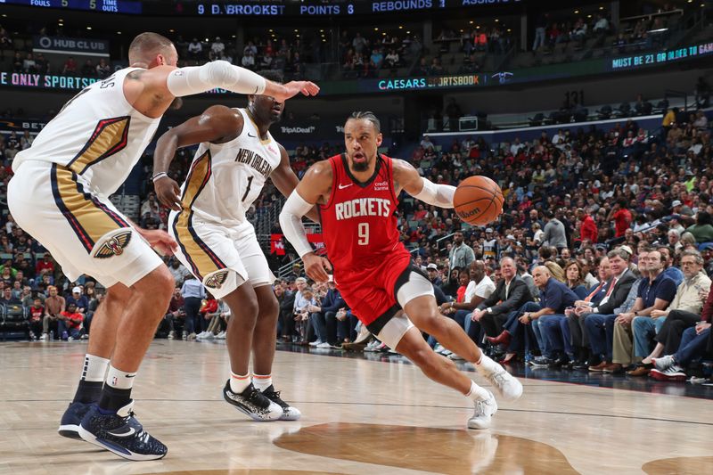 NEW ORLEANS, LA - FEBRUARY 22: Dillon Brooks #9 of the Houston Rockets drives to the basket during the game against the New Orleans Pelicans on February 22, 2024 at the Smoothie King Center in New Orleans, Louisiana. NOTE TO USER: User expressly acknowledges and agrees that, by downloading and or using this Photograph, user is consenting to the terms and conditions of the Getty Images License Agreement. Mandatory Copyright Notice: Copyright 2024 NBAE (Photo by Layne Murdoch Jr./NBAE via Getty Images)