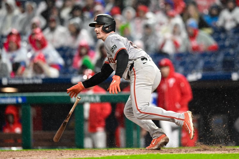 May 4, 2024; Philadelphia, Pennsylvania, USA; San Francisco Giants third baseman Matt Chapman (26) hits a single during the fourth inning against the Philadelphia Phillies at Citizens Bank Park. Mandatory Credit: John Jones-USA TODAY Sports