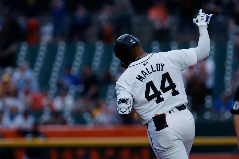 Jul 9, 2024; Detroit, Michigan, USA;  Detroit Tigers outfielder Justyn-Henry Malloy (44) celebrates after he hits a home run in the sixth inning against the Cleveland Guardians at Comerica Park. Mandatory Credit: Rick Osentoski-USA TODAY Sports