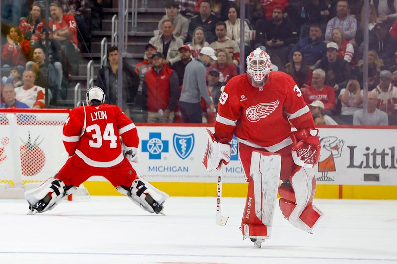 Oct 17, 2024; Detroit, Michigan, USA;  Detroit Red Wings goaltender Cam Talbot (39) skates of as he is replaced by goaltender Alex Lyon (34) in the second period against the New York Rangers at Little Caesars Arena. Mandatory Credit: Rick Osentoski-Imagn Images