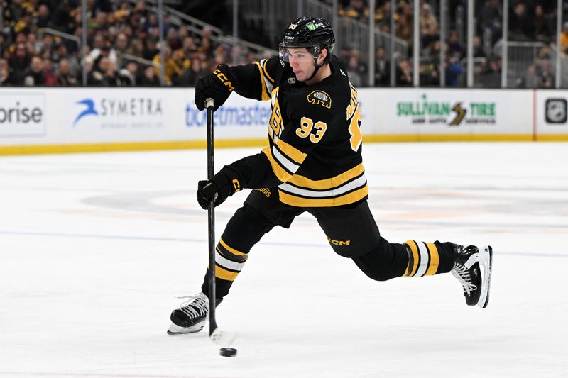 Nov 11, 2025; Boston, Massachusetts, USA; Boston Bruins center Fraser Minten (93) takes a shot Toronto Maple Leafs during the third period at the TD Garden. Mandatory Credit: Brian Fluharty-Imagn Images