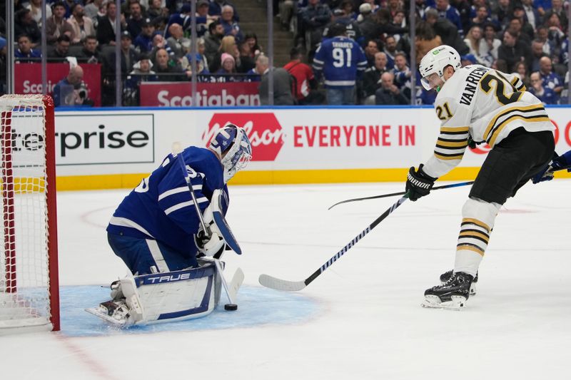 Apr 24, 2024; Toronto, Ontario, CAN; Toronto Maple Leafs goaltender Ilya Samsonov (35) makes a save on a breakaway by Boston Bruins forward James van Riemsdyk (21) during the second period of game three of the first round of the 2024 Stanley Cup Playoffs at Scotiabank Arena. Mandatory Credit: John E. Sokolowski-USA TODAY Sports