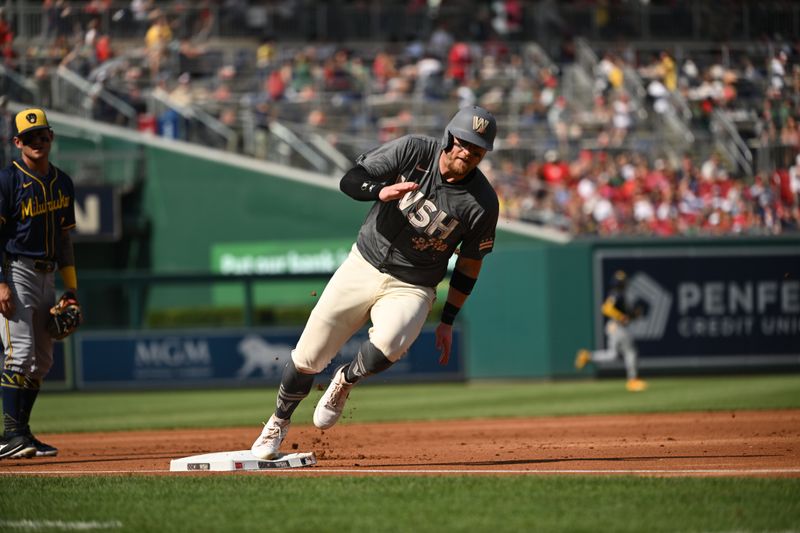 Aug 3, 2024; Washington, District of Columbia, USA; Washington Nationals second baseman Travis Blankenhorn (33) rounds third base to score a run against the Milwaukee Brewers during the first inning at Nationals Park. Mandatory Credit: Rafael Suanes-USA TODAY Sports