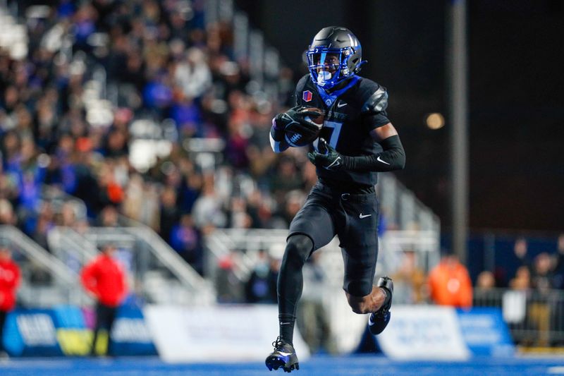 Nov 11, 2023; Boise, Idaho, USA;  Boise State Broncos wide receiver Prince Strachan (17) runs to the end zone during the first half against the New Mexico Lobos at Albertsons Stadium. Mandatory Credit: Brian Losness-USA TODAY Sports


