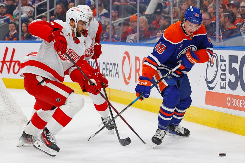 Jan 30, 2025; Edmonton, Alberta, CAN; Edmonton Oilers forward Noah Philp (48) and Detroit Red Wings defensemen Albert Johansson (20) battle along the boards for a loose puck during the first period at Rogers Place. Mandatory Credit: Perry Nelson-Imagn Images