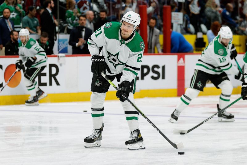 May 11, 2024; Denver, Colorado, USA; Dallas Stars left wing Jason Robertson (21) warms up before game three against the Colorado Avalanche in the second round of the 2024 Stanley Cup Playoffs at Ball Arena. Mandatory Credit: Isaiah J. Downing-USA TODAY Sports