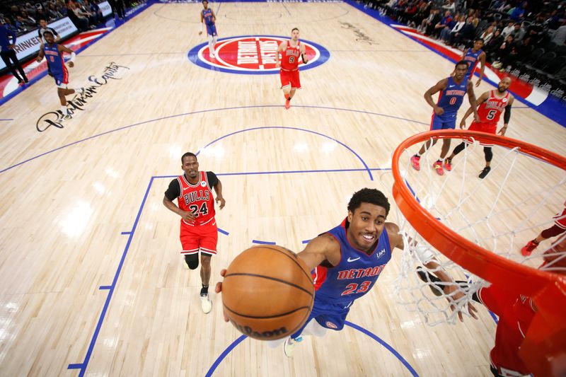 DETROIT, MI - APRIL 11: Jaden Ivey #23 of the Detroit Pistons drives to the basket during the game against the Chicago Bulls on April 11, 2024 at Little Caesars Arena in Detroit, Michigan. NOTE TO USER: User expressly acknowledges and agrees that, by downloading and/or using this photograph, User is consenting to the terms and conditions of the Getty Images License Agreement. Mandatory Copyright Notice: Copyright 2024 NBAE (Photo by Brian Sevald/NBAE via Getty Images)
