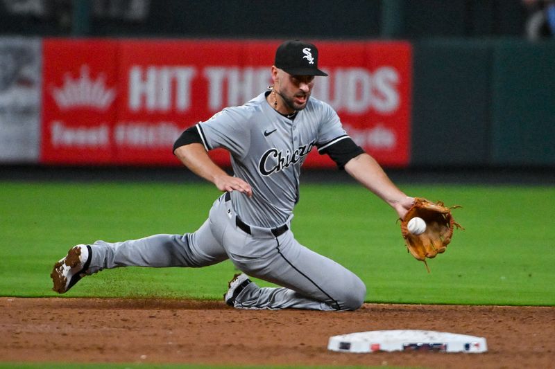 May 3, 2024; St. Louis, Missouri, USA;  Chicago White Sox shortstop Paul DeJong (29) dives to field a ground ball against the St. Louis Cardinals during the third inning at Busch Stadium. Mandatory Credit: Jeff Curry-USA TODAY Sports