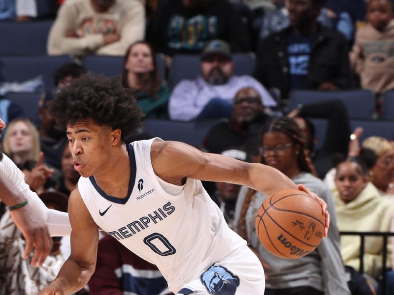 MEMPHIS, TN - MARCH 3: Jaylen Wells #0 of the Memphis Grizzlies handles the ball during the game against the Atlanta Hawks on March 3, 2025 at FedExForum in Memphis, Tennessee. NOTE TO USER: User expressly acknowledges and agrees that, by downloading and or using this photograph, User is consenting to the terms and conditions of the Getty Images License Agreement. Mandatory Copyright Notice: Copyright 2025 NBAE (Photo by Joe Murphy/NBAE via Getty Images)
