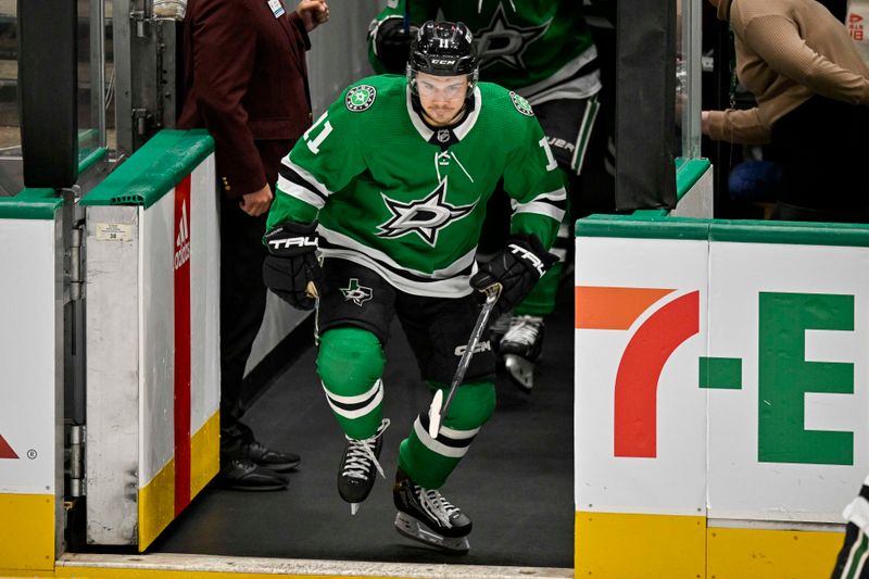 Apr 11, 2024; Dallas, Texas, USA; Dallas Stars center Logan Stankoven (11) skate in warms up prior to a game against against the Winnipeg Jets at the American Airlines Center. Mandatory Credit: Jerome Miron-USA TODAY Sports