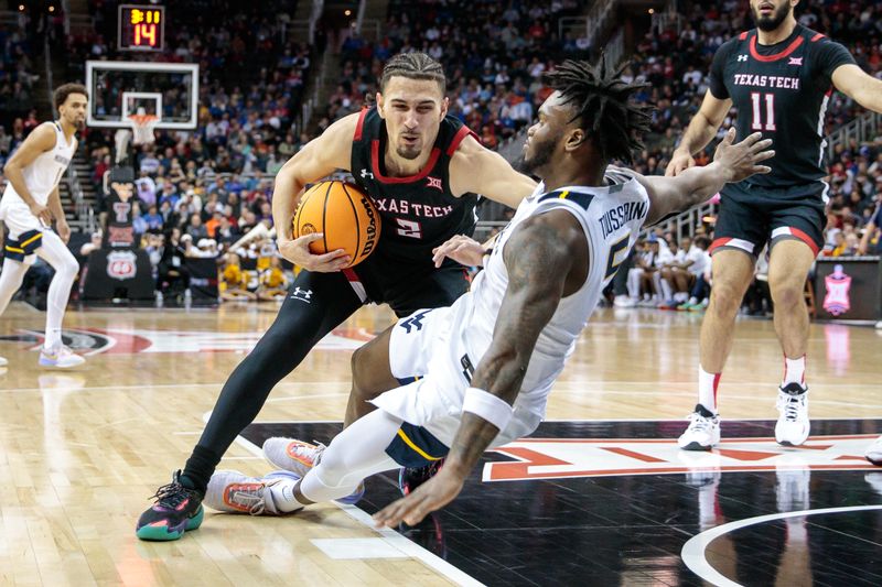 Mar 8, 2023; Kansas City, MO, USA; Texas Tech Red Raiders guard Pop Isaacs (2) collides with West Virginia Mountaineers guard Joe Toussaint (5) during the second half at T-Mobile Center. Mandatory Credit: William Purnell-USA TODAY Sports