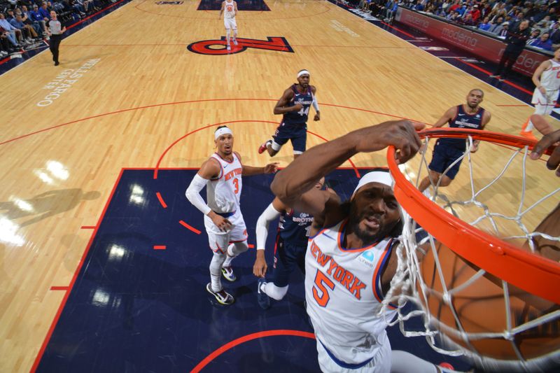 PHILADELPHIA, PA - FEBRUARY 22: Precious Achiuwa #5 of the New York Knicks dunks the ball during the game against the Philadelphia 76ers on February 22, 2024 at the Wells Fargo Center in Philadelphia, Pennsylvania NOTE TO USER: User expressly acknowledges and agrees that, by downloading and/or using this Photograph, user is consenting to the terms and conditions of the Getty Images License Agreement. Mandatory Copyright Notice: Copyright 2024 NBAE (Photo by Jesse D. Garrabrant/NBAE via Getty Images)