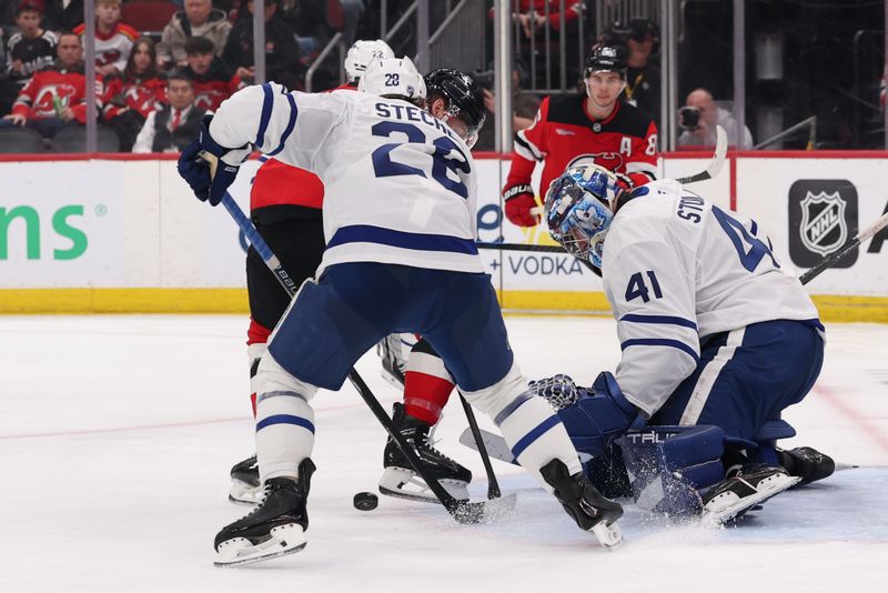Mar 4, 2026; Newark, New Jersey, USA; Toronto Maple Leafs goaltender Anthony Stolarz (41) makes a save against the New Jersey Devils during the second period at Prudential Center. Mandatory Credit: Ed Mulholland-Imagn Images