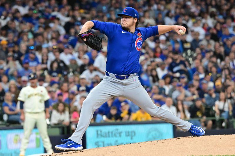 May 27, 2024; Milwaukee, Wisconsin, USA; Chicago Cubs starting pitcher Justin Steele (35) throws a pitch in the first inning against the Milwaukee Brewers at American Family Field. Mandatory Credit: Benny Sieu-USA TODAY Sports