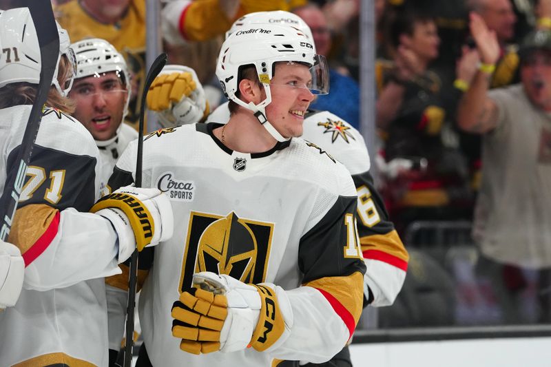 Oct 27, 2023; Las Vegas, Nevada, USA; Vegas Golden Knights left wing Pavel Dorofeyev (16) celebrates with team mates after scoring a goal against the Chicago Blackhawks during the first period at T-Mobile Arena. Mandatory Credit: Stephen R. Sylvanie-USA TODAY Sports