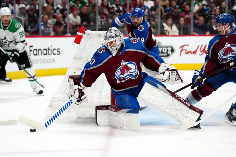 May 17, 2024; Denver, Colorado, USA; Colorado Avalanche goaltender Alexandar Georgiev (40) makes a save in the first period against the Dallas Stars in game six of the second round of the 2024 Stanley Cup Playoffs at Ball Arena. Mandatory Credit: Ron Chenoy-USA TODAY Sports