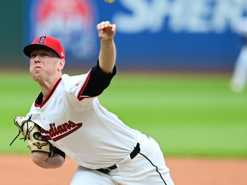 May 28, 2025; Cleveland, Ohio, USA; Cleveland Guardians starting pitcher Kolby Allard (49) throws a pitch during the first inning against the Los Angeles Dodgers at Progressive Field. Mandatory Credit: Ken Blaze-Imagn Images