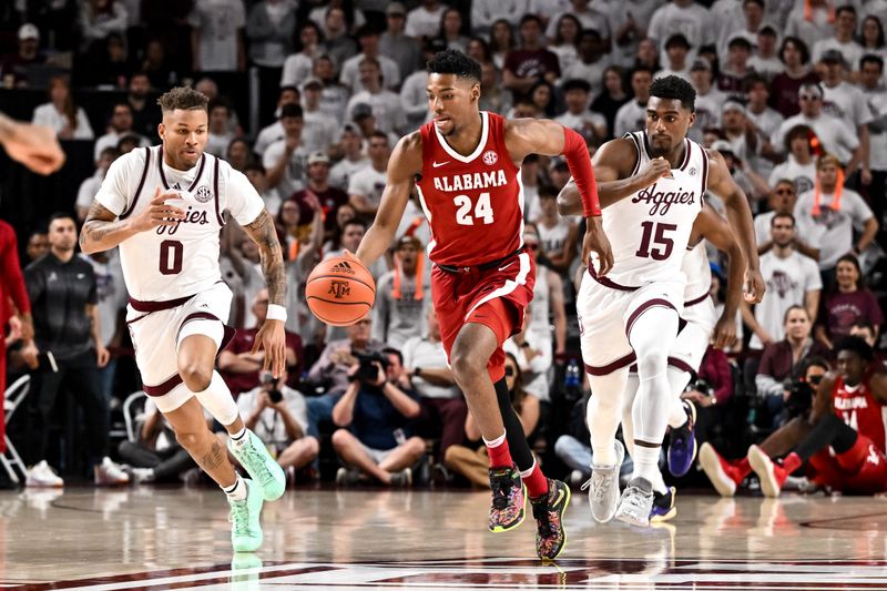 Mar 4, 2023; College Station, Texas, USA;  Alabama Crimson Tide forward Brandon Miller (24) dribbles the ball durning the first quarter against the Alabama Crimson Tide at Reed Arena. Mandatory Credit: Maria Lysaker-USA TODAY Sports